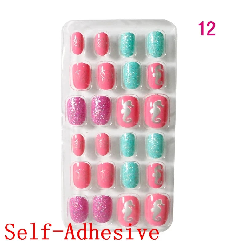 12pcs/Box Children Acrylic Fake Nails Safe Non-Toxic Adhesive Fake Nail DIY Artificial Fingernails for Girls Children's Day Gift