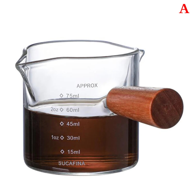 50ml 80ml 100ml Wood Handle Glass Espresso Measuring Cup Double/Single Mouth Milk Jug Coffee Supplies Clear Kitchen Measure Mug