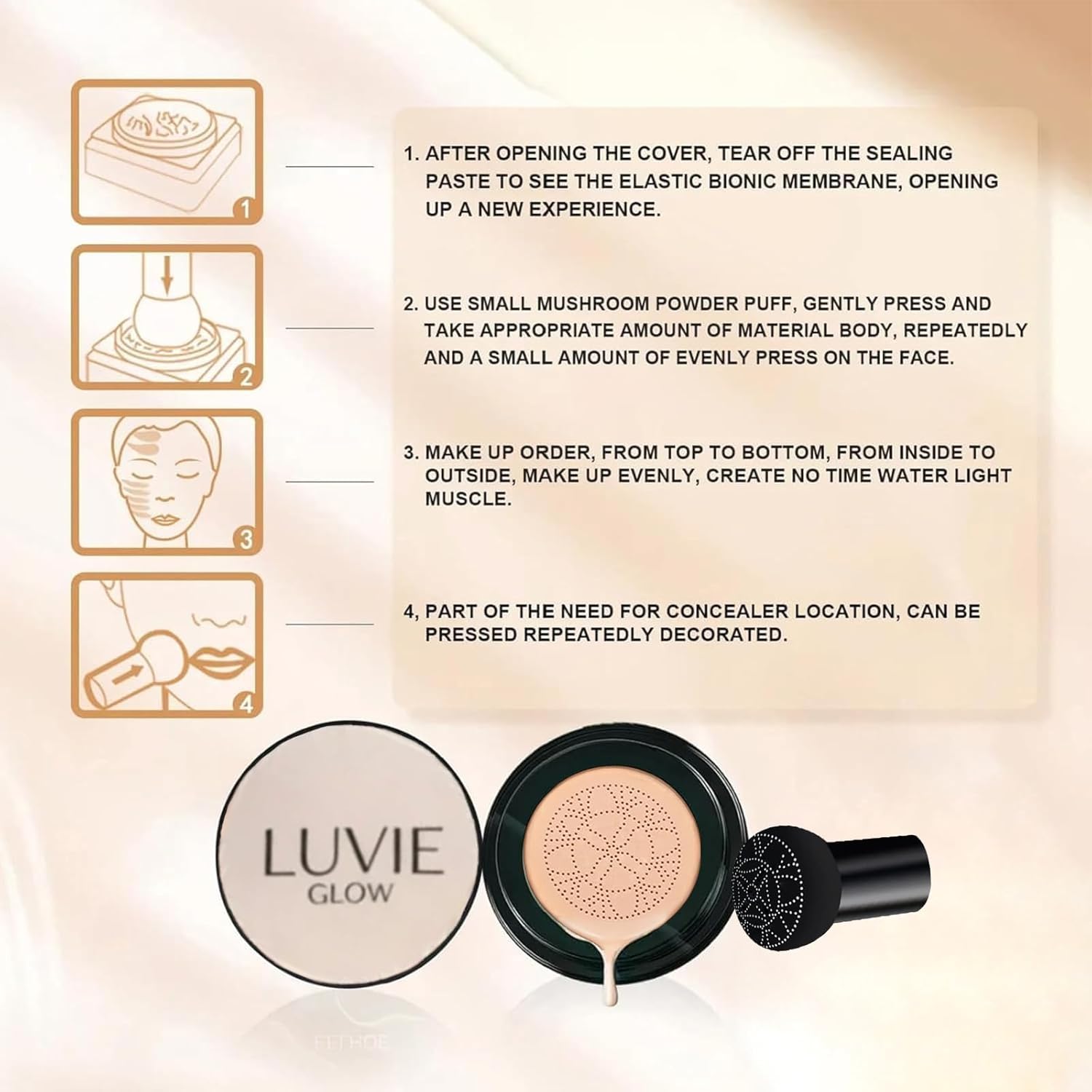 Luvie Glow Foundation Cushion, 2026 New Mushroom Head Air Cushion CC Cream, Luvie Glow Makeup - Moisturizing Concealer Brighten Long-Lasting, Natural BB Cream for All Skin Types