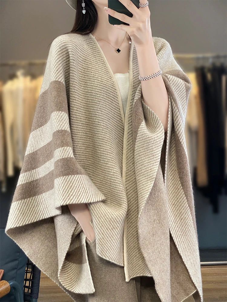 2024 Autumn/Winter New Striped Shawl Women's Sweater V-neck Jumper Knitted Sweater Holiday Retro Cape Sleeve Warm Big Shawl