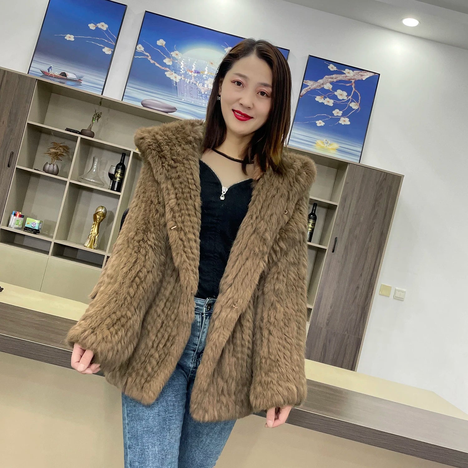 Autumn Winter Women 100% Natural Real Rabbit Thick Fur Coat Fur Warm Jacket Loose Knited Quality Luxury Hooded Full Sleeves