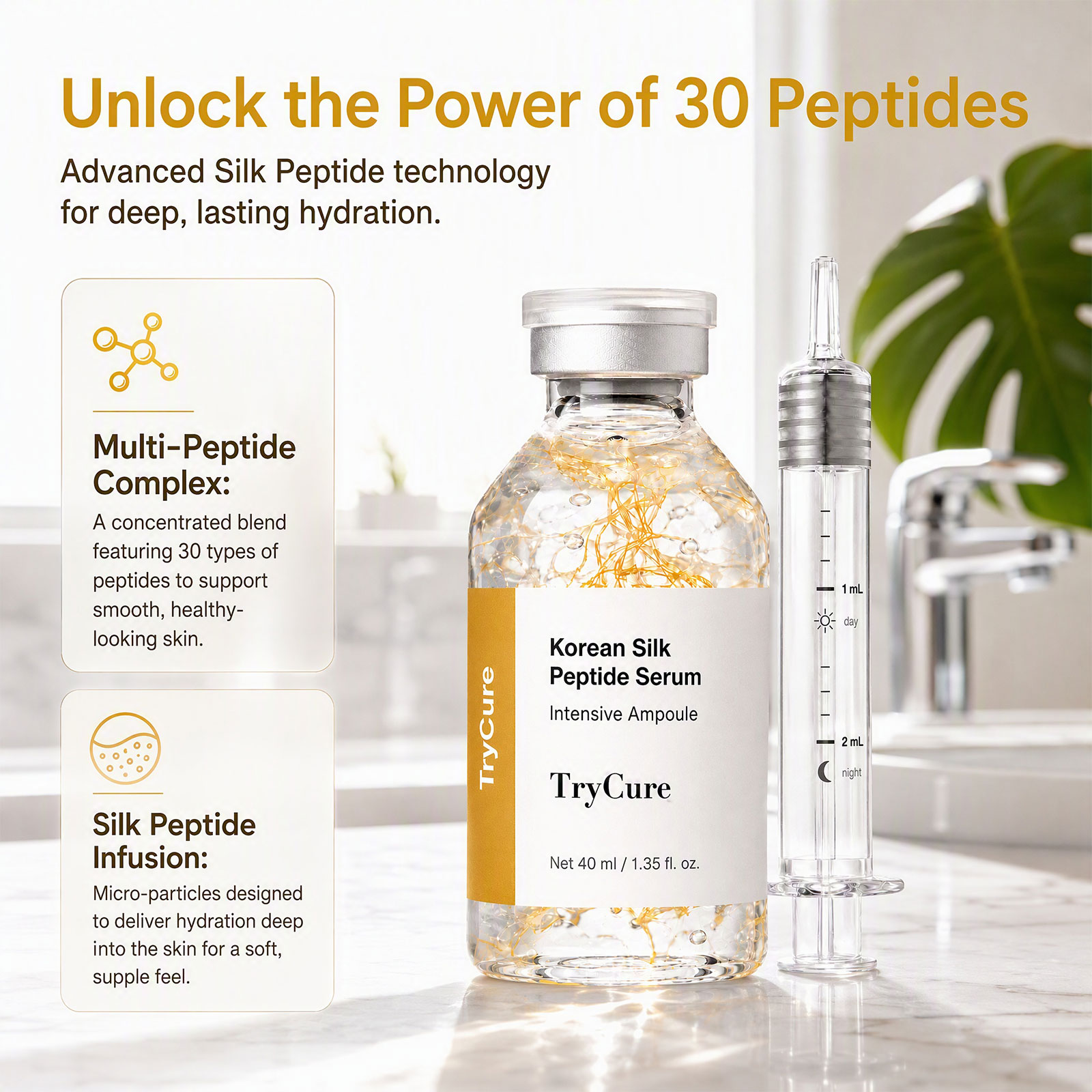 Trycure Korean Silk Peptide Ampoule, Korean Skincare Ampoule with Silk Peptide, EGF, 24K Gold & GHK-Cu, Improves Look of Elasticity & Radiance, Fast-Absorbing
