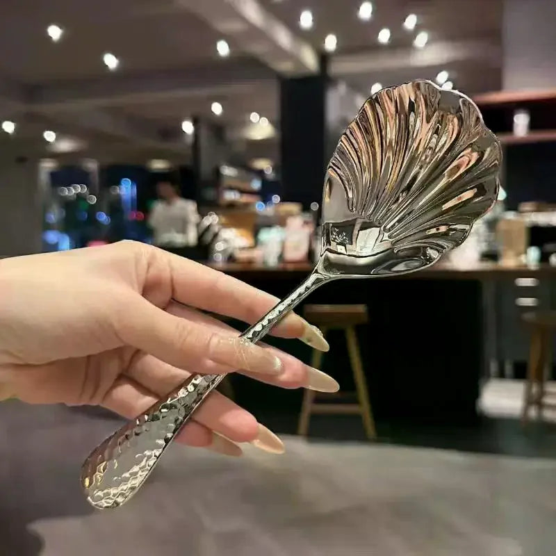 Shell Shape Stainless Steel Spoon With Long Handle Ladle Restaurant Dessert Spoon Ice Cream Scoops Kitchen Accessories Tool