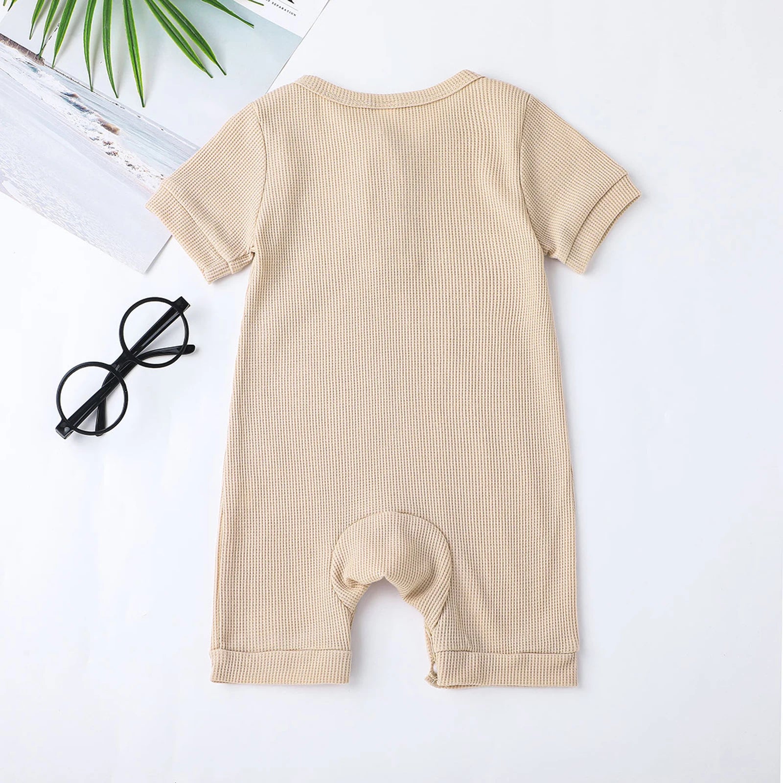 Lovely Baby Girls Boys Romper, Short Sleeve Round Neck Solid Color Ribbed Buttoned Short Pants for Summer Spring, Kids Clothing
