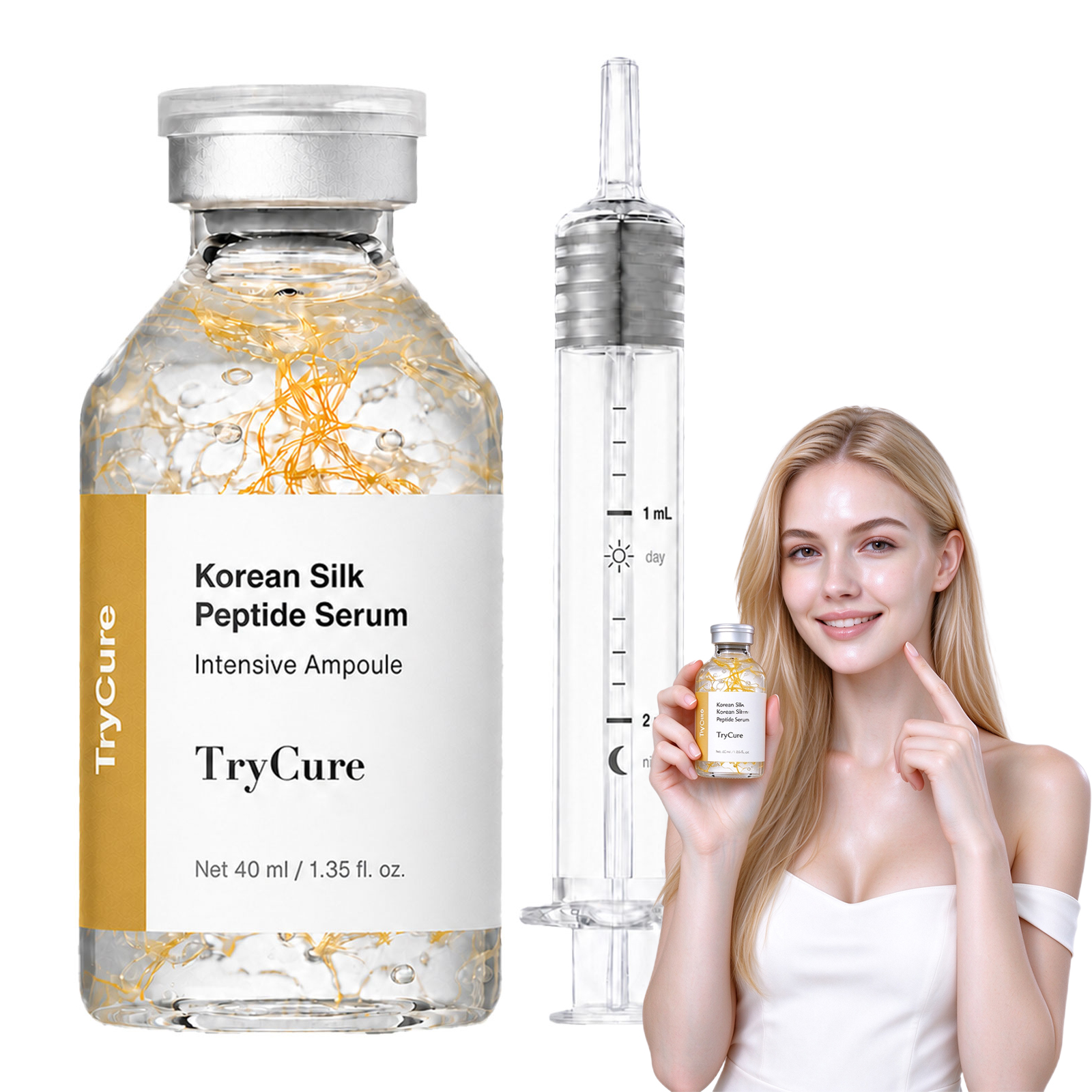 Trycure Korean Silk Peptide Ampoule, Korean Skincare Ampoule with Silk Peptide, EGF, 24K Gold & GHK-Cu, Improves Look of Elasticity & Radiance, Fast-Absorbing