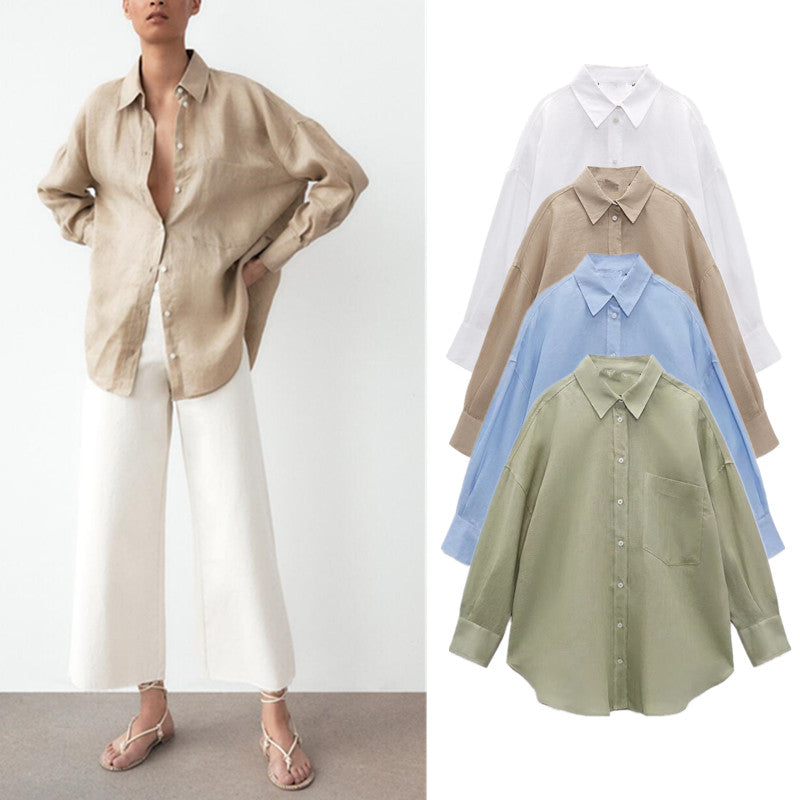 PB&ZASpring 2022 Women's Versatile Long Sleeve Lapel Front Patch Pockets Side Slit Hem Buttoned Closure Linen Shirt