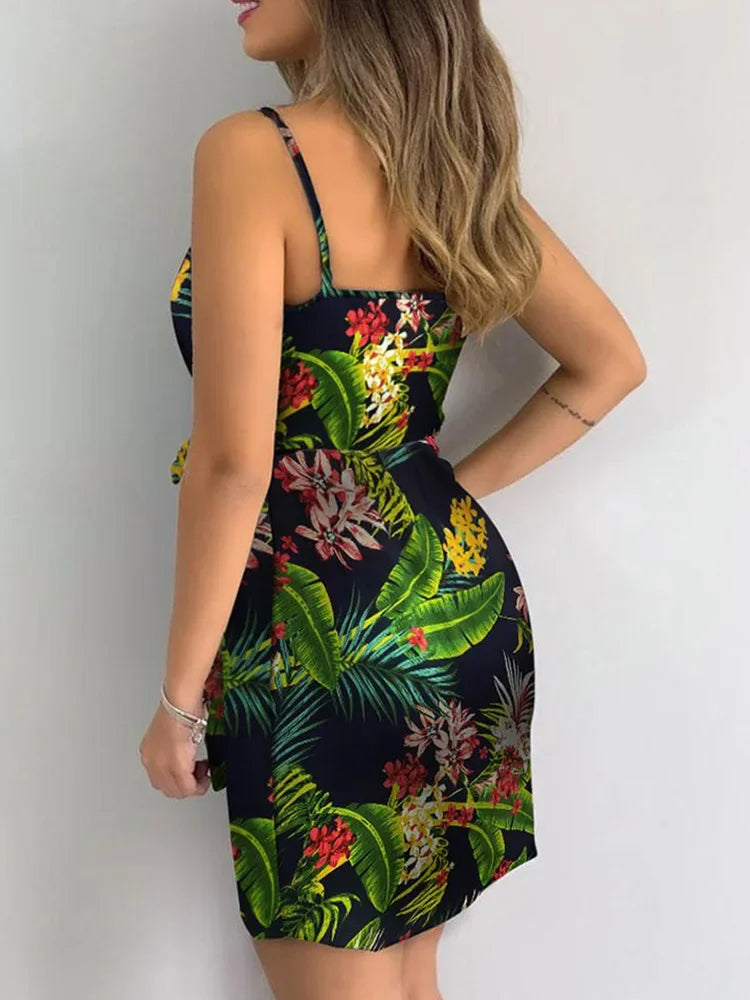 Tropical Print V-Neck Wrap Casual Dress Women Sleeveless Summer Holiday Mini Dress