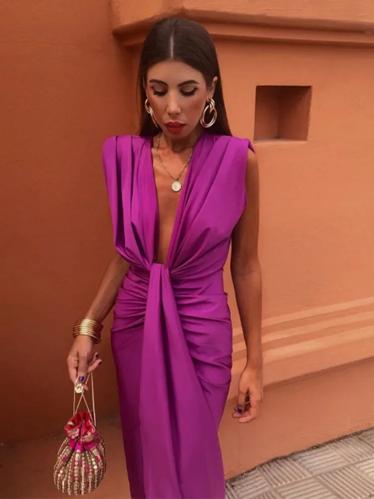 Elegant Solid Pleated Slim Sleeveless Midi Dress Women Sexy Deep V Neck High Slit Robe 2024 Summer Chic Lady Party Street Wear