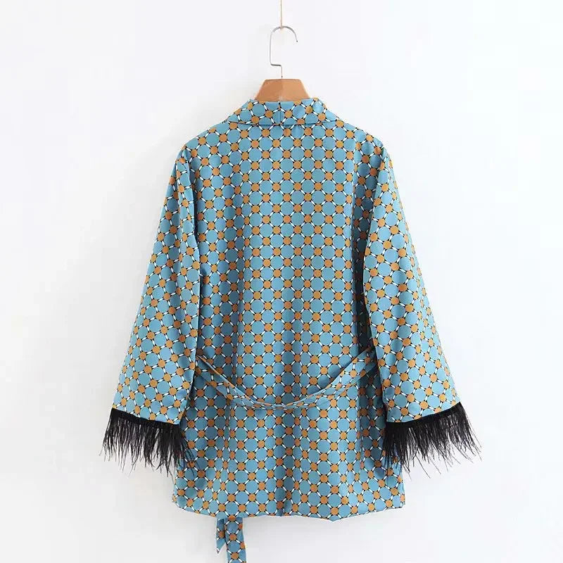 Women's Suits Spring LOOSE Blue Printed Kimono Jacket with Feather Sleeves Wide Leg Pants Two-piece Viintage Clothing Suits