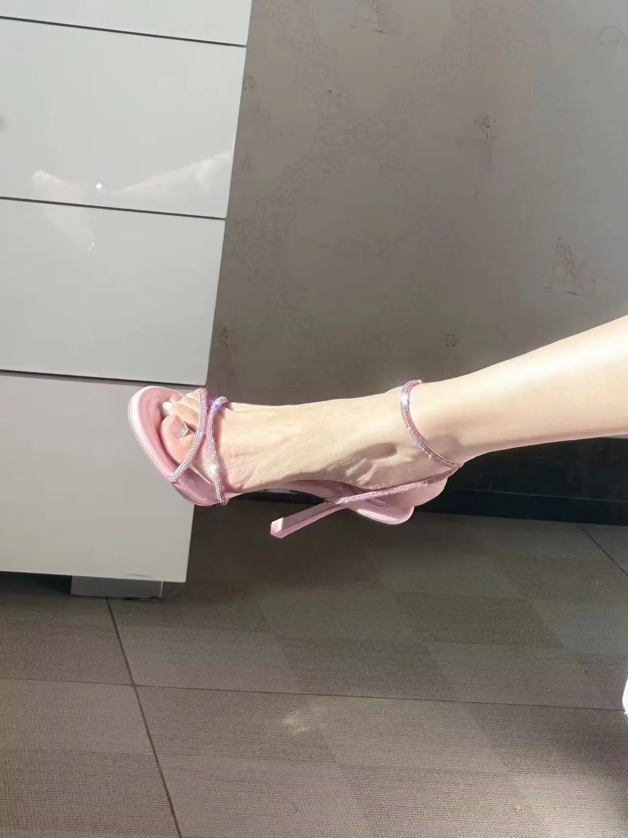 Female Sandal Comfort Shoes for Women High Heels 2024 Summer Buckle Strap Girls High-heeled Fashion Stiletto Low Rhinestone Beig