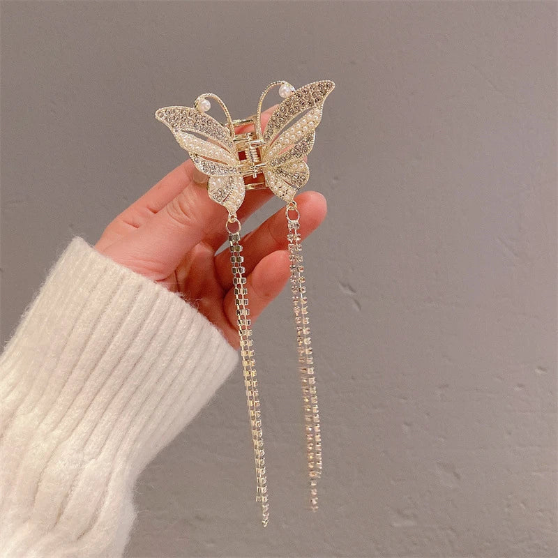 2022 New Butterfly Pearl Tassel Hairpin Korean Simple Side Clip Liu Haibian Clip Shark Hairpin Hair Accessories Women