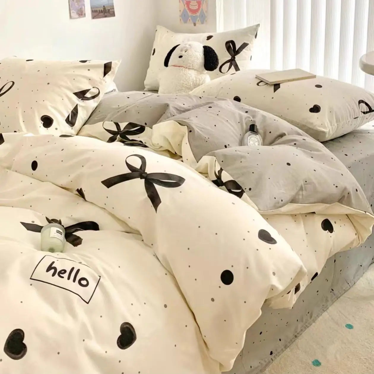 Ins Black Bowknot Bedding Set Polyester Bed Flat Sheet Duvet Cover Twin Full Queen Princess Style Bed Linen Girls Quilt Cover