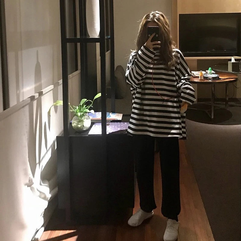 spring Autumn Women harajuku Striped Tshirt Long Sleeve O-Neck T-Shirts Korean Casual oversized T Shirt Femme black Tops