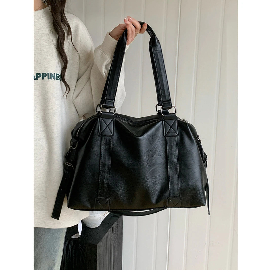 Large Capacity Black Shoulder Bags For Women Large Shopper Bag Solid Color Soft Leather Crossbody Handbag Lady Travel Tote Bag