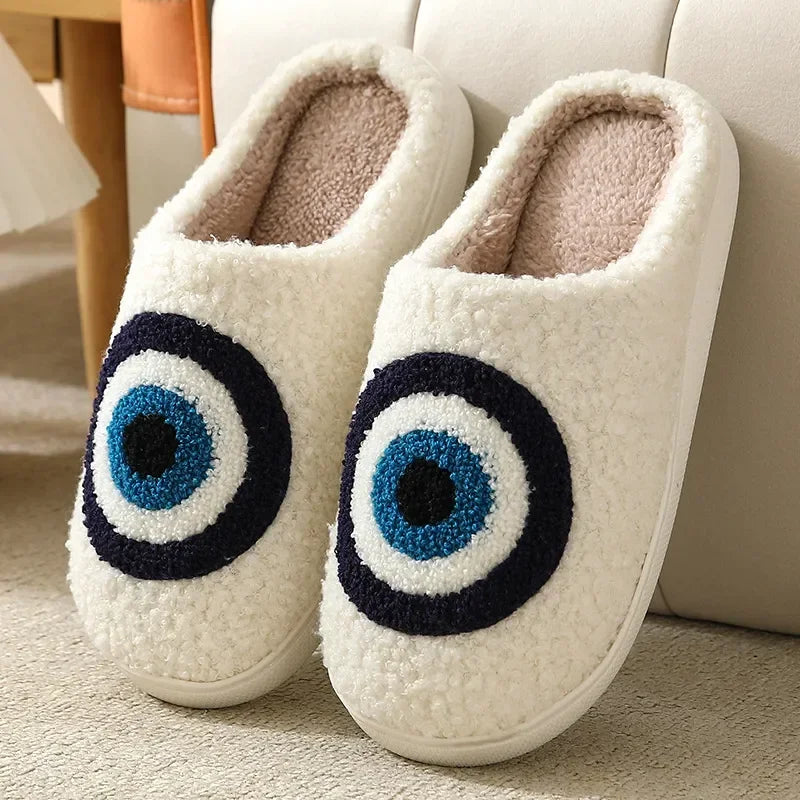 Women Fluffy Fur Plush Slippers Blue Evil eyes Women's Home Slippers Funny Cute Slippers Non Slip Winter Shoes for Women Men