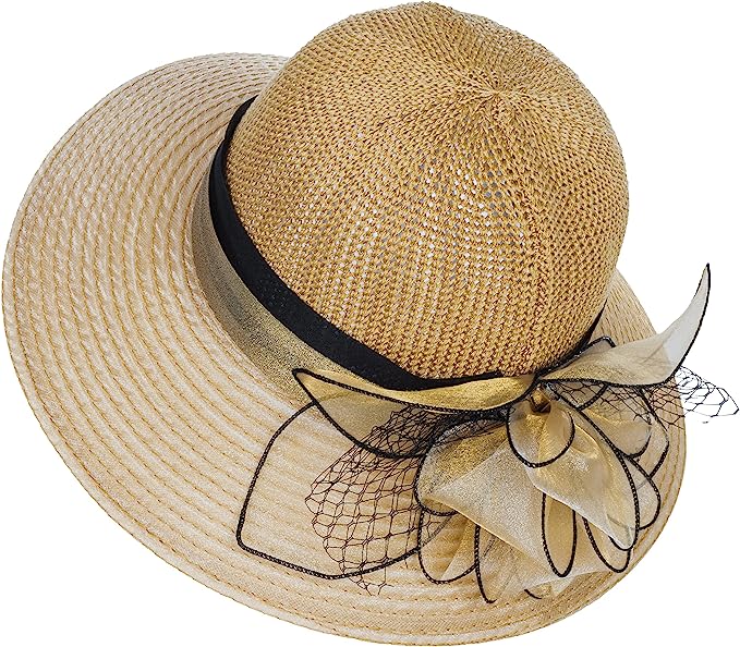 LUCKYSONG Women Elegant Organza Sun hat with Flower Church Hat Headgear Wedding Tea Party Wide Brim Sun Hats