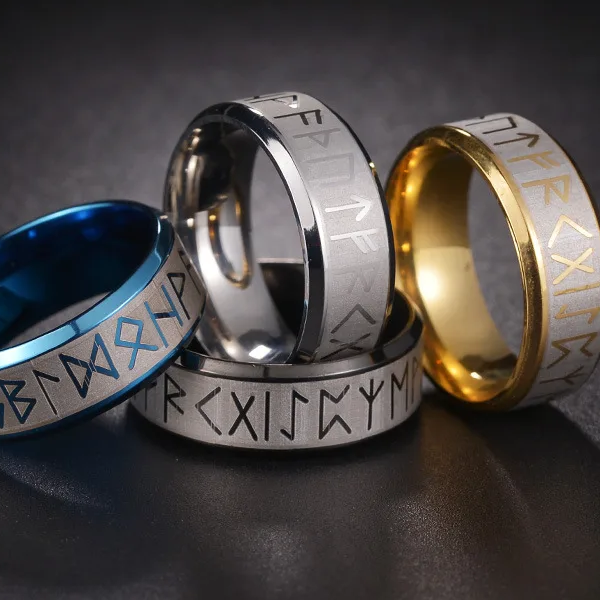 Men Ring Stainless Steel Fashion Style MEN Double Letter Rune Words Odin Norse Viking Amulet RETRO Rings Jewelry Wholesale