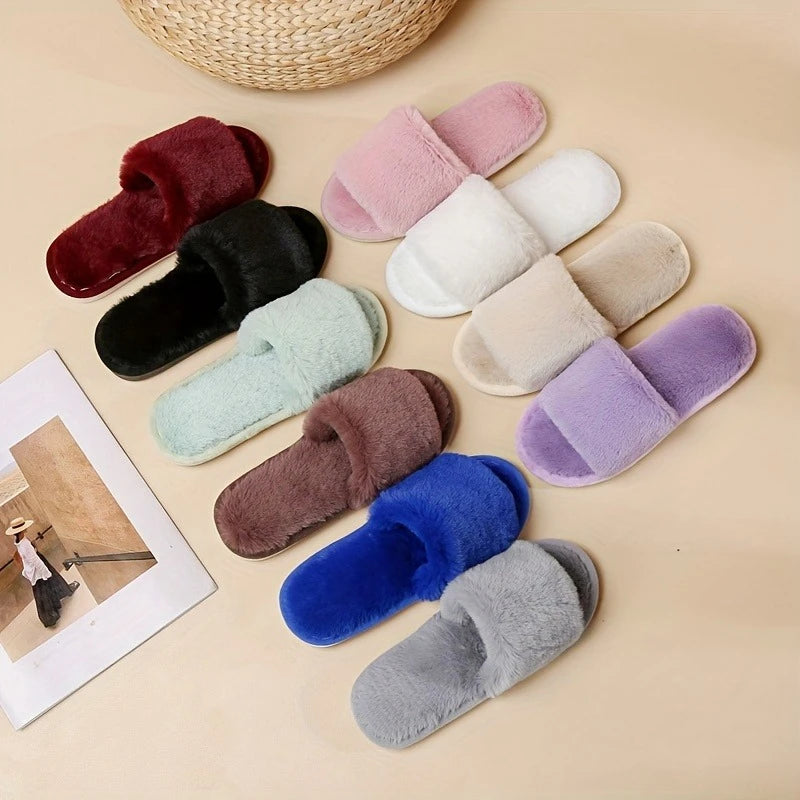 Winter Women Winter House Furry Slippers Non-Slip Casual Indoor Flats Floor Shoes Ladies Flip Flops Warm Shoes Solid Colors