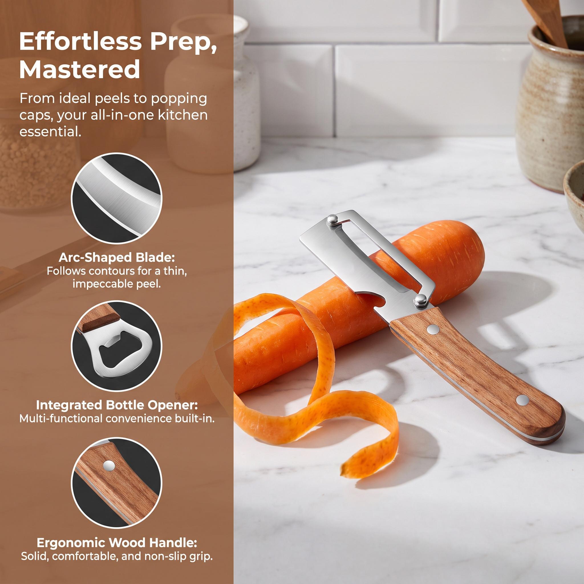 Multifunctional Vegetable Peeler, Wooden Handle Sharp Stainless Steel Blade, 2-in-1 Peeler with Bottle Opener for Potato Apple Pumpkin