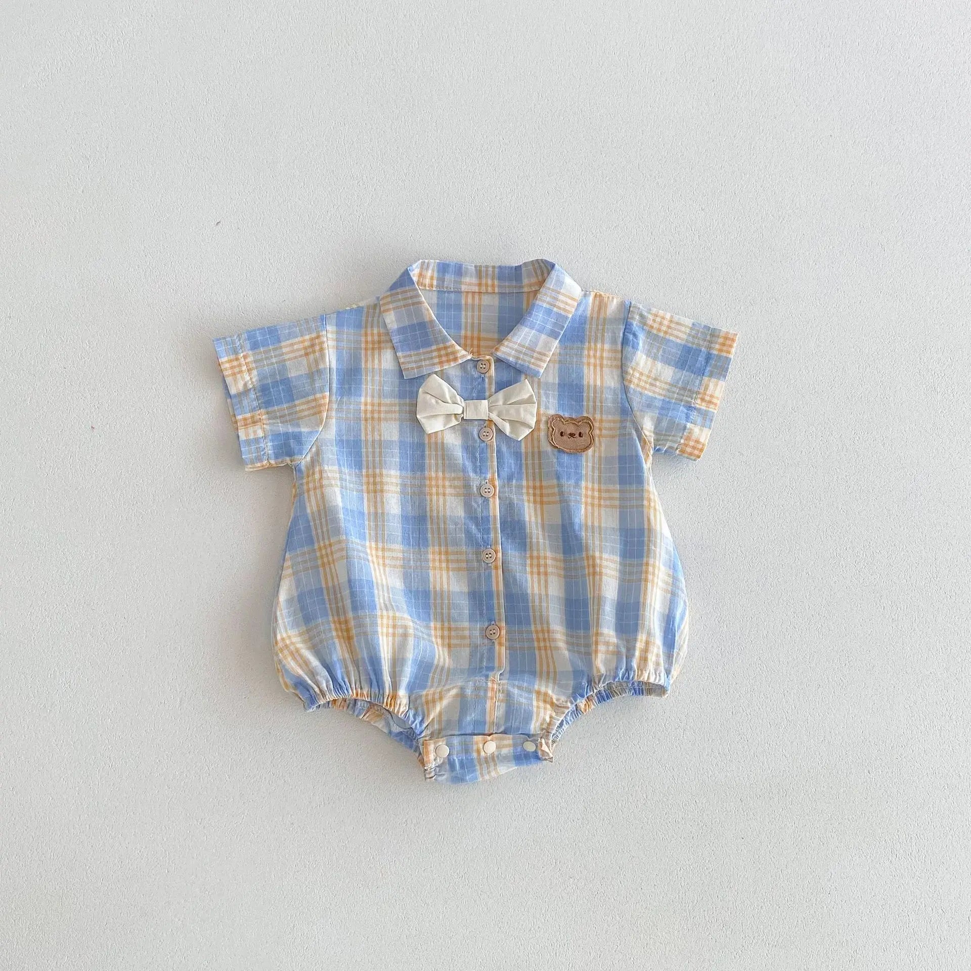 Cute Plaid Embroidery Bear Infant Short Sleeve Outfit