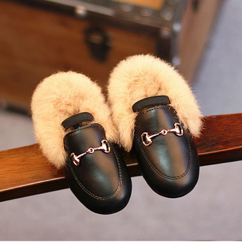 Kids Shoes Girls Shoes Winter Warm Fur Girls Loafers PU Leather Girls Dress Shoes Princess Shoes Flats Girls Kids