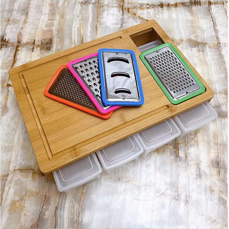 large organic kitchen chopping natural bamboo cutting board with 4 draw tray and 4 vegetable grater