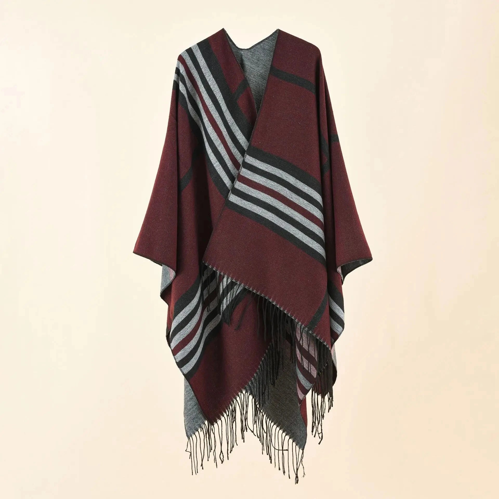 2024 Autumn Winter New Large Plaid Stripe Pattern Imitation Cashmere Warm Casual Women Shawl Tassels Poncho Capes Coat Coffee