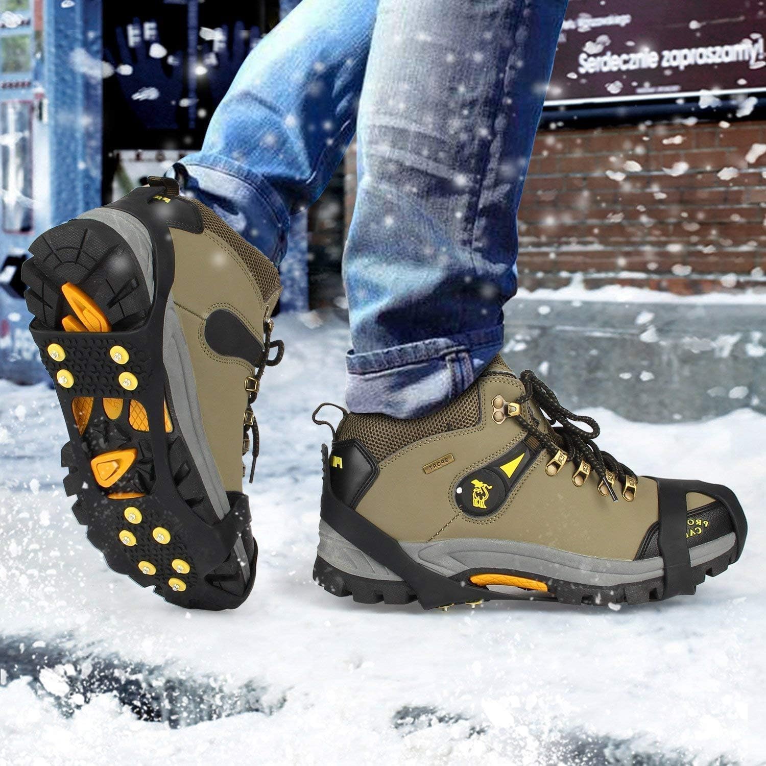Spikes für Schuhe Winter mit 10 Anti Rutsch Spikes, 2026 Neu Schneeketten für Schuhe, Geeignet Zum Wandern, Wandern, Eisfischen, Schnee, EIS Usw. Winterliche Outdoor AktivitäTen