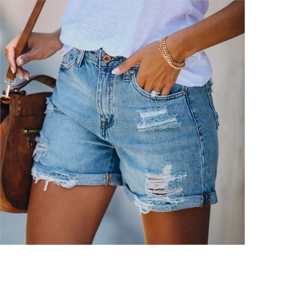 Chic Broken Holes Short Jeans Fashion Women Denim Shorts Summer New Streetwear Female Three Quarter Pants Straight Breechcloth