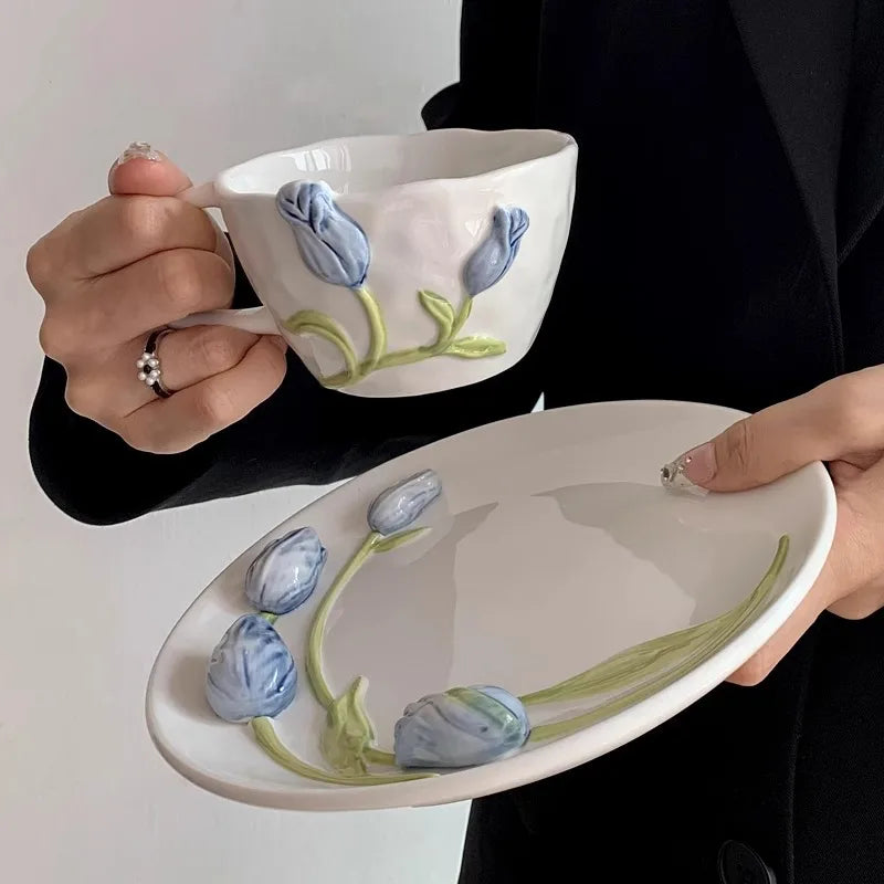 European Relief Ceramic Tulip Cup Afternoon Tea Dessert Pastry Tea Cup Painted Flowers Coffee Mug Couple's Water Cup Café Teapot