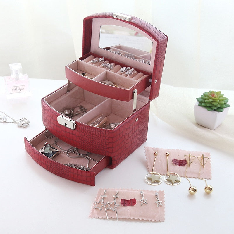 2022 High-Quality Best Selling European Large Capacity Three Layers Jewelry Box/ Leather Box with Lock and Mirror/ Wedding Gift