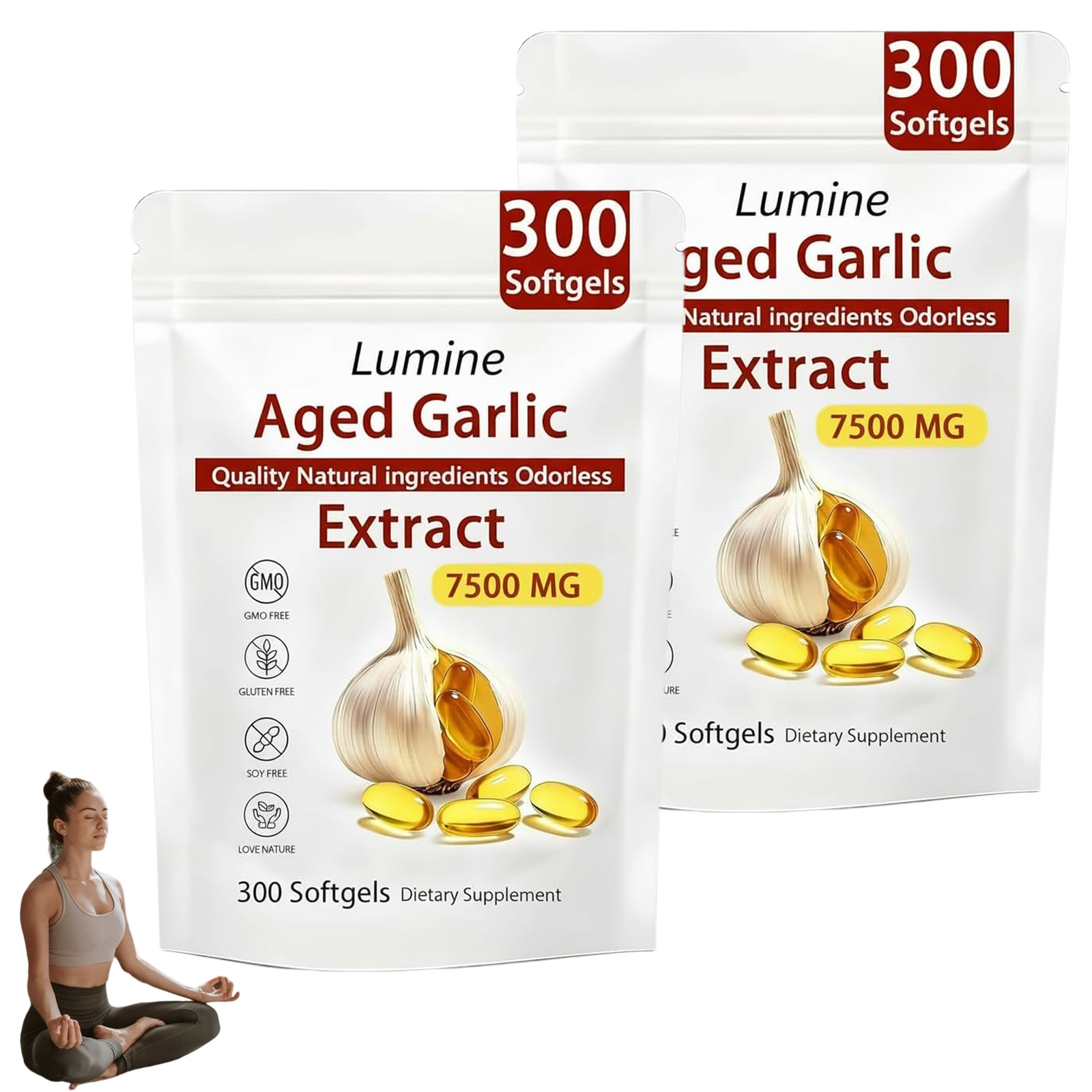 Lumine Organics Aged Garlic Extract Capsules 7500mg Odorless - 300 Count, 24 month Aged Garlic Extract Antioxidant Supplement,Vegetarian- 2026 New