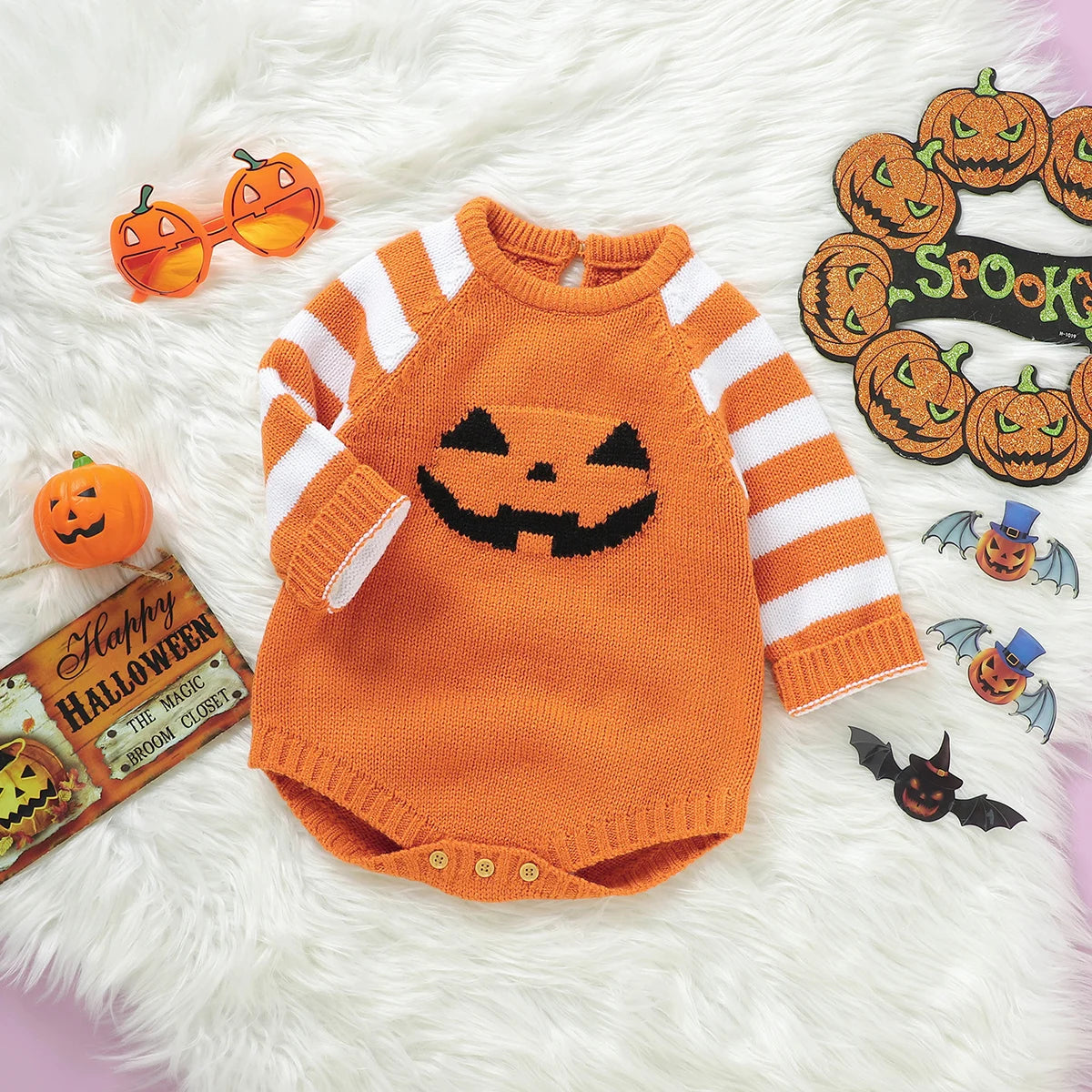 Halloween Baby Bodysuits Pumpkin Knit Newborn Boys Girls O Neck Long Sleeve Onesie Jumpsuits 0-18m Infant Toddler Winter Outfits