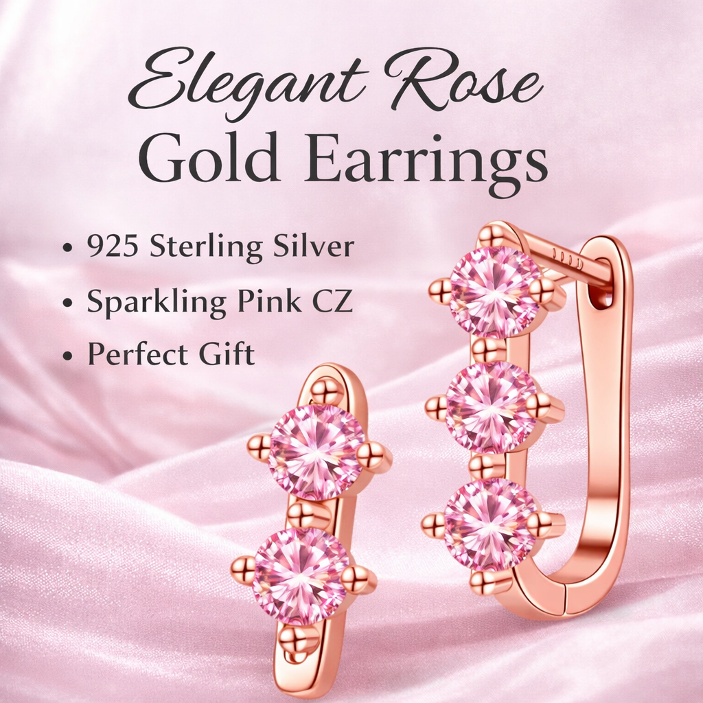 Rose Gold Triple Pink Stone Hoop Earrings