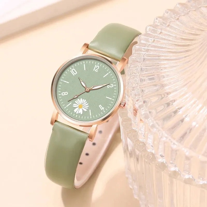 2PC Set Small Daisies Bracelet Watch Women Fashion Casual Leather Watches Simple Ladies Small Dial Quartz Wristwatch Reloj Mujer