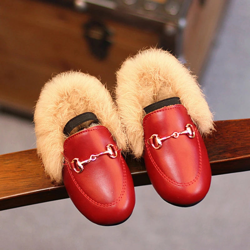 Kids Shoes Girls Shoes Winter Warm Fur Girls Loafers PU Leather Girls Dress Shoes Princess Shoes Flats Girls Kids