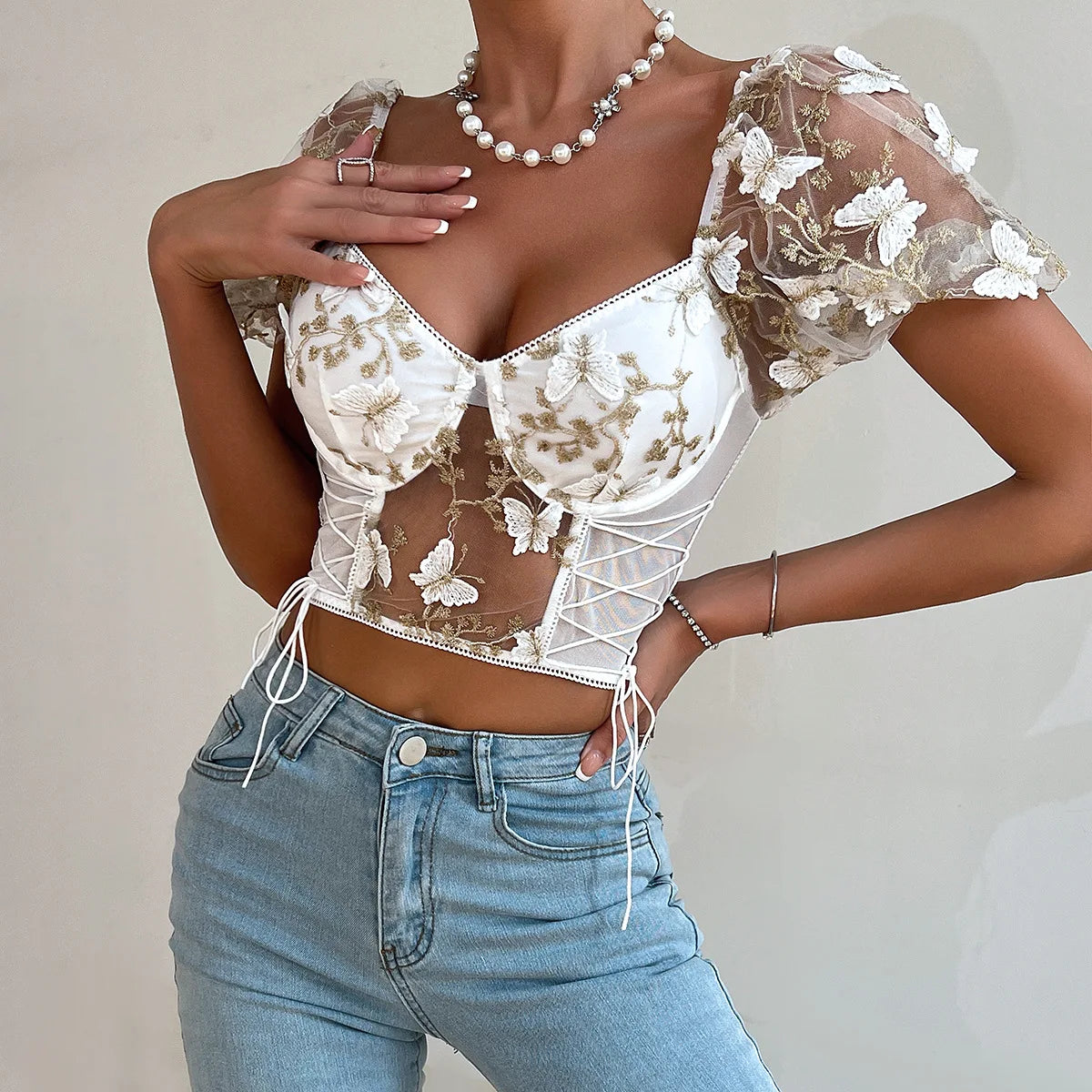 Bufferfly Embroidery Puff Sleeve Top Women V Neck Summer Backless Short Sleeve Sexy Cropped Top Blouse