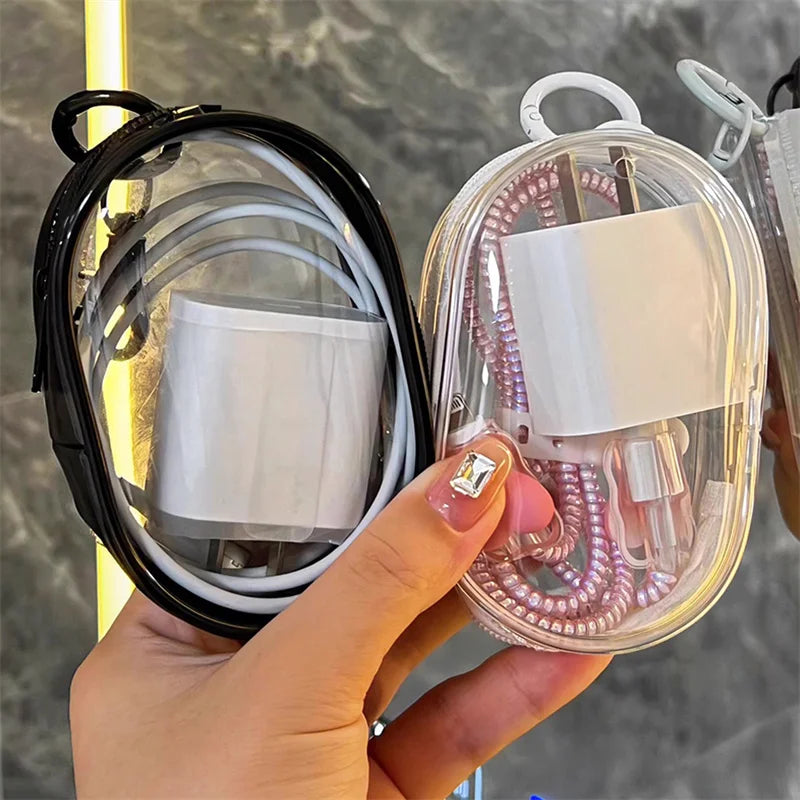 New Square/Round Black PVC Transparent Cosmetic Bags Jewelry Organizer Portable Data Cable Earphone Coin Charger Storage Pouches