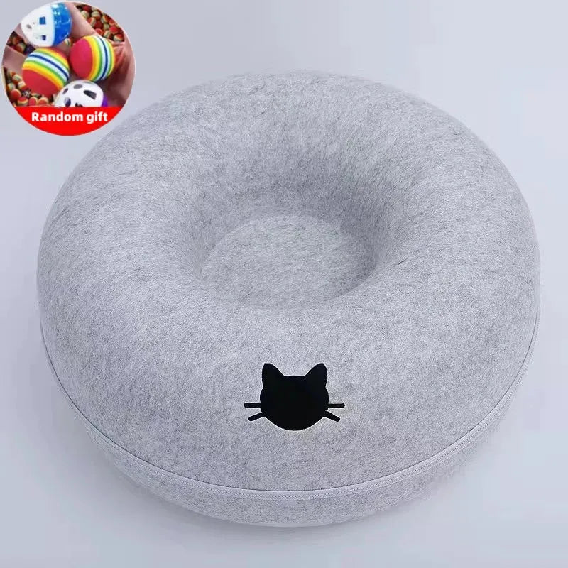 Cute Cartoon Shaped Interactive Toy for Cats House Felt Tunnel Cave Beds Removable Donut with Zipper Nest Basket Kitten Supplies