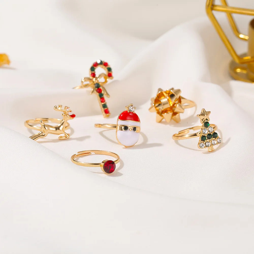 6Pcs/Set New Christmas Elk Santa Ring For Women Fashion Cute Gold Color Drip Glaze Adjustable Finger  Holiday Party Jewelry