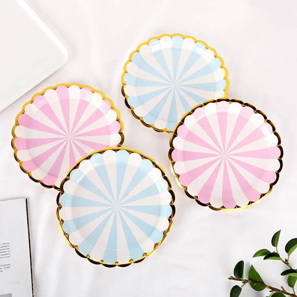 10Pcs 7/9 Inch Paper Plates Anti-skid Thick Gilding Stripe Paper Dishes Round Cake Dessert Snack Tray Favors Supplies for Party