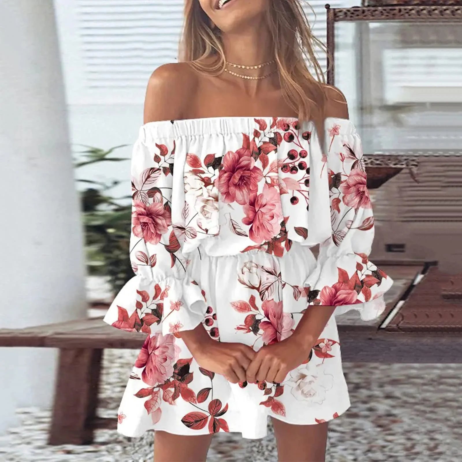 2024 Summer Dresses For Women Sexy Off Shoulder Mini Sundresses Beach Casual Loose Fit Bell Sleeve Mini Floral Dress Women's