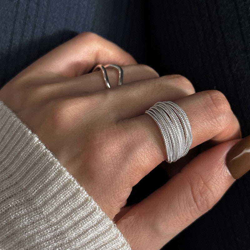 Sterling Silver Unique Lines Ring For Women Jewelry Finger Adjustable Open Vintage Ring For Party Birthday Gift