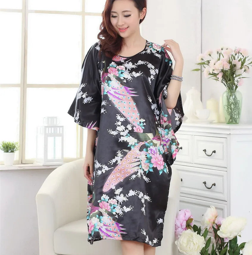 Sexy Female Silk Rayon Robe Bath Gown Nightgown Summer Casual Home Dress Printed Loose Sleepwear Plus Size Nightwear Bathrobe