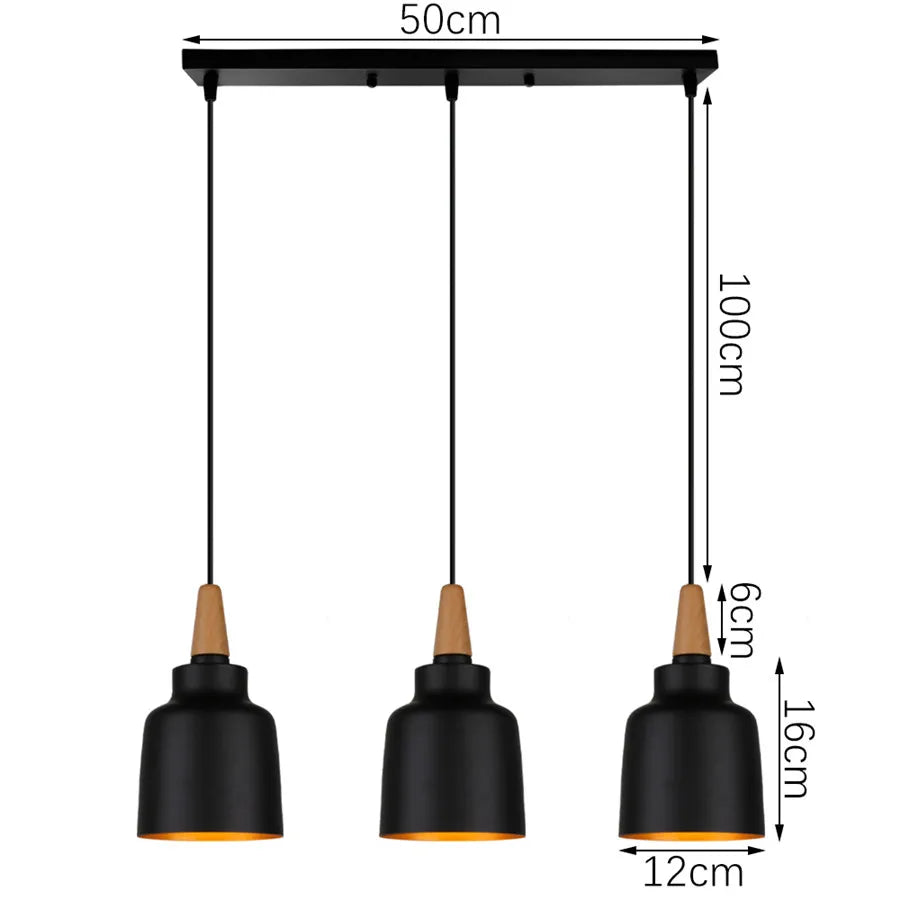 Modern Pendant Lights 3 Heads Wood Aluminum Hanging Lamp Chandelier Black for Loft Dinning Living Room Kitchen Lighting Fixture