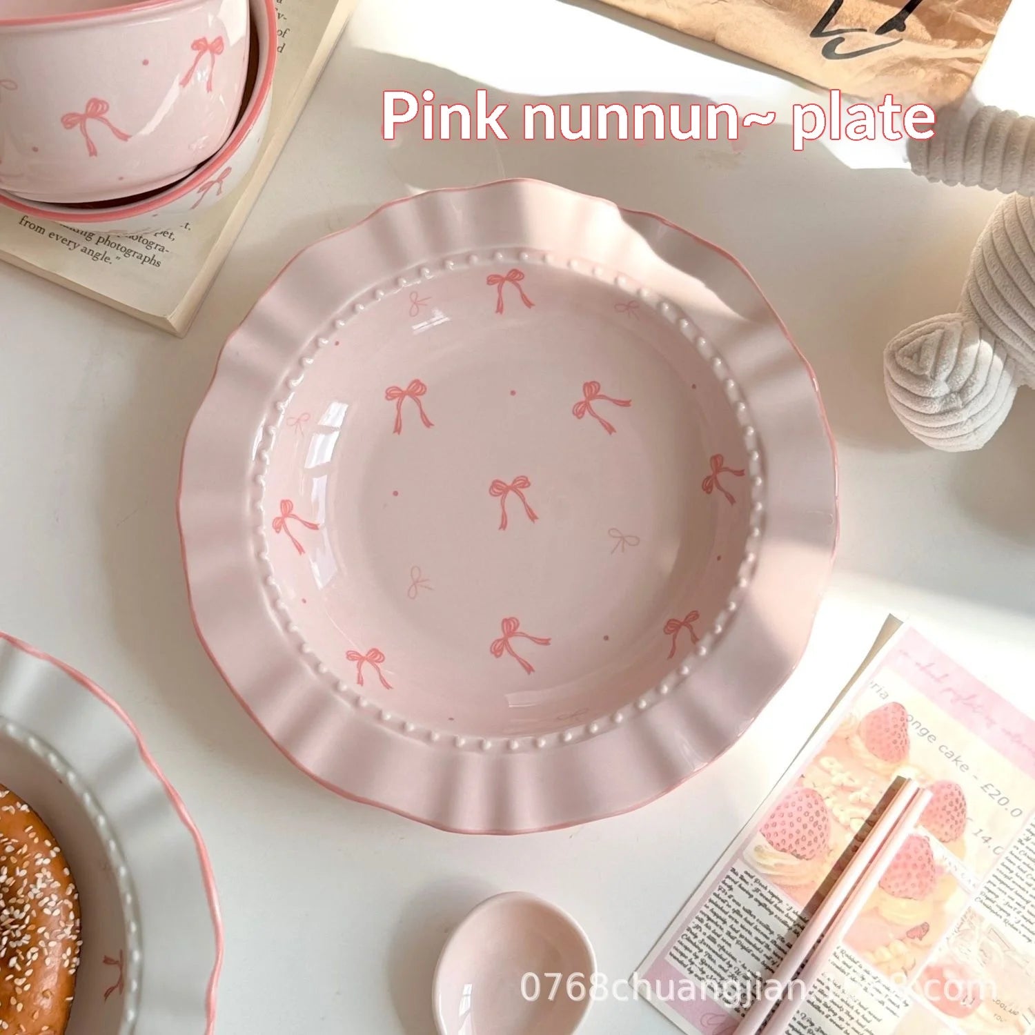 Aesthetic Bow Design Ceramic Tableware Set - Ruffled Edge Bowls & Plates with Underglaze Color Dessert Set Cute Dinnerware