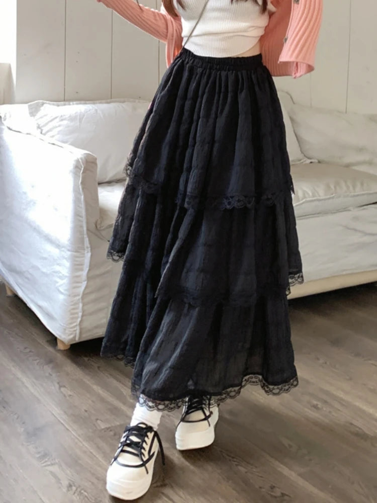 White Black Long Skirt Women Crochet Lace Skirt 2023 Goth Lolita Summer High Waisted High Low Ruched Ruffle Pleated Skirts rok