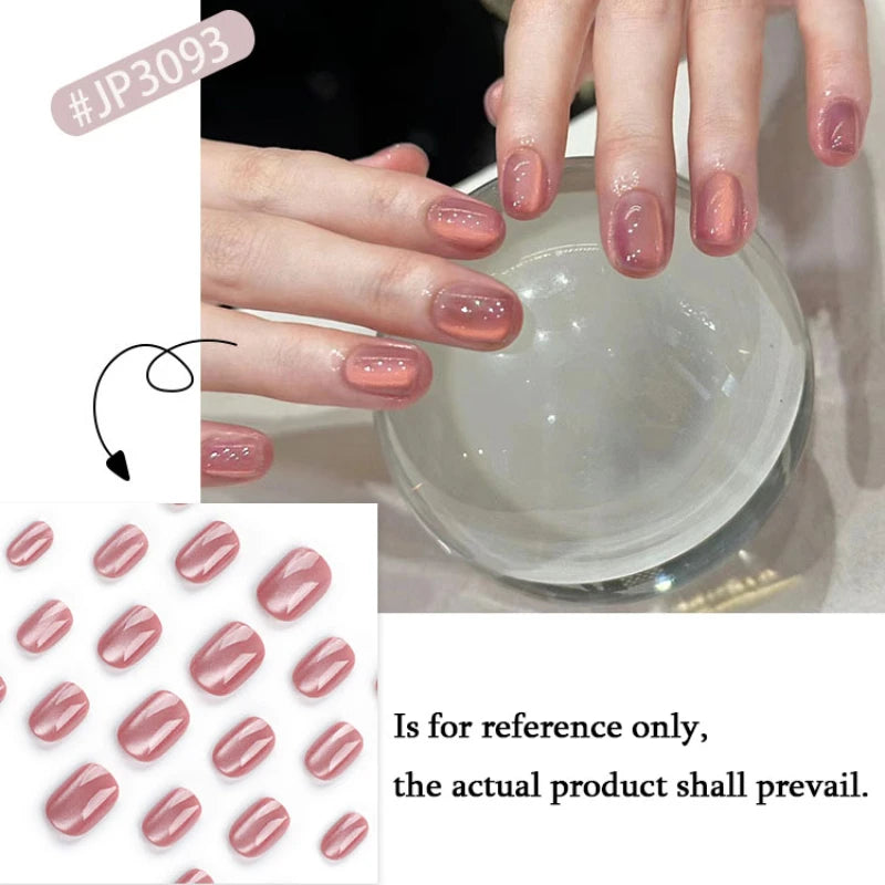 Nude Pink Glitter Cat Eye Nail Art Wearable Solid Color Fake Nails Detachable Finished False Nails Press on Nails with Glue