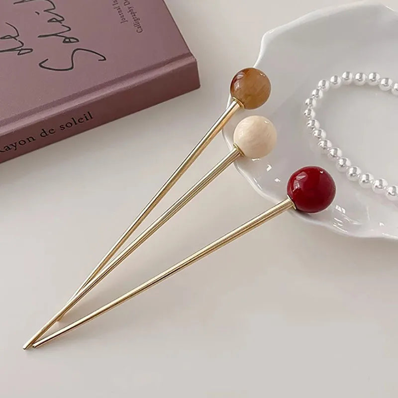 Hallow Women Fashion Hairpin Straight Ball Metal Hair Stick Pin Headdress Elegant Jewelry Accessories Wedding Party Headwear T16