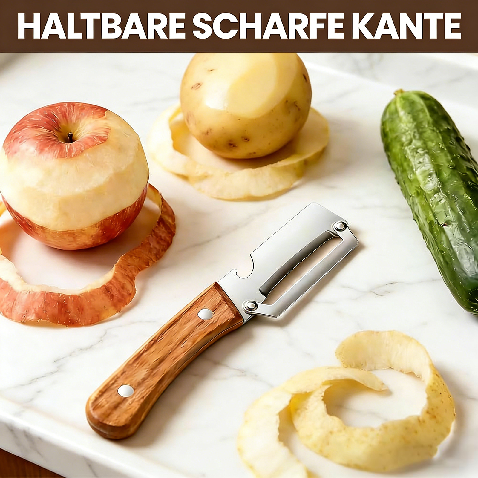 2026 Multifunktionaler Gemüseschäler, 2 in 1 Sparschäler mit Holzgriff und Ergonomischem Holzgriff – Müheloses Schälen von Kartoffeln, Äpfeln, Karotten